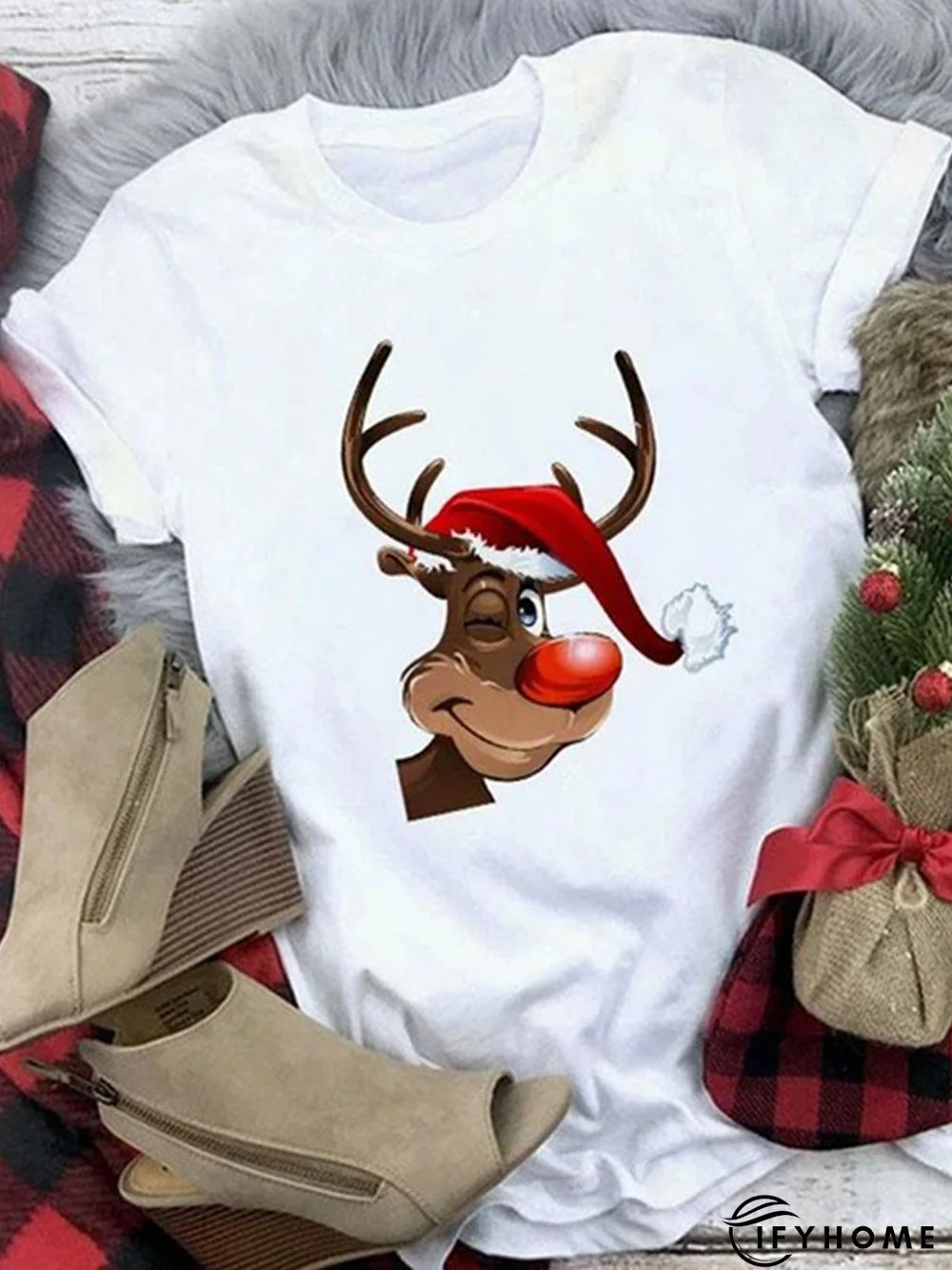 Christmas Loose Crew Neck Cotton Blends Short Sleeve T-Shirt | IFYHOME