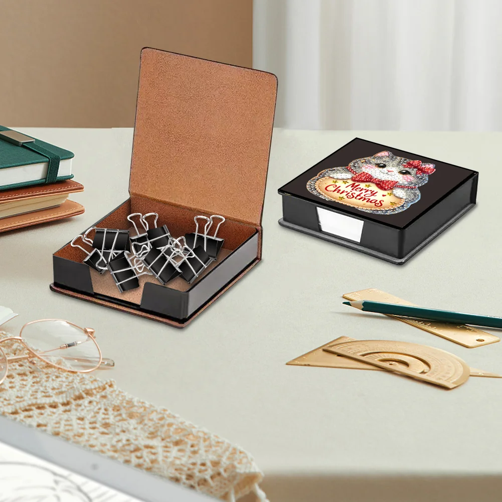 5D DIY PU Diamond Art Note Box with 160 Sheets Paper Memo Pad Holder Kit (Cat)