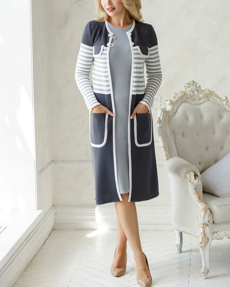 Elegant striped knit pocket cardigan and dress two-piece set