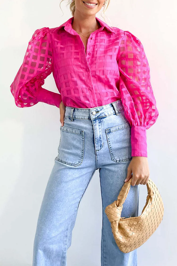 Sheer Plaid Long Puff Sleeve Button Up Blouse