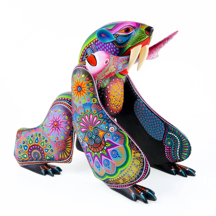 Beautiful Bear With Fish - Oaxacan Alebrije Wood Carving