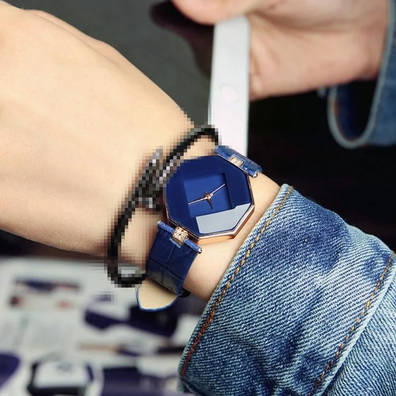 Gem Cut Geometry Crystal Leather Quartz Wristwatch Fashion Watch for Ladies