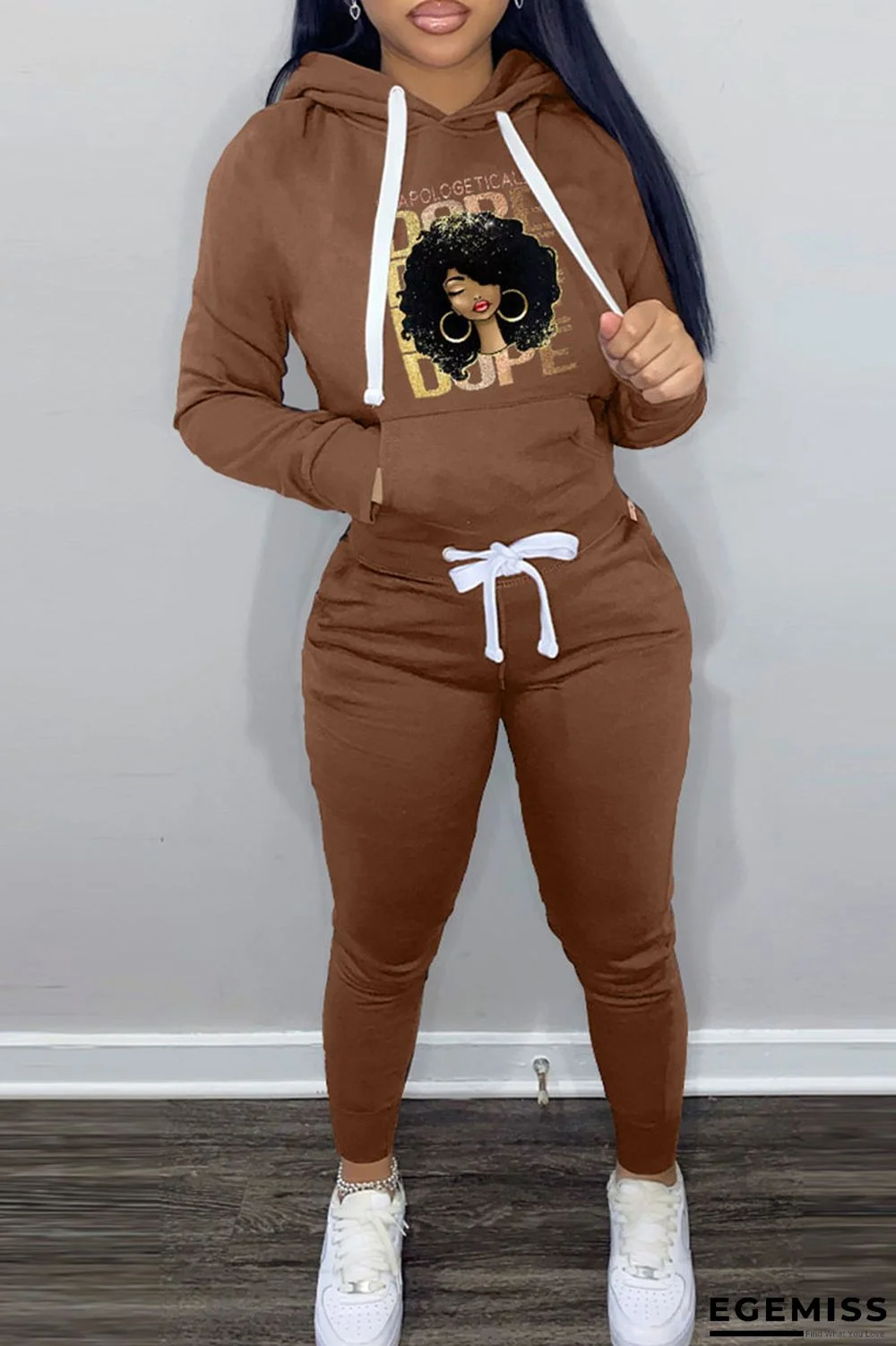 Coffee Casual Print Basic Hooded Collar Long Sleeve Two Pieces | EGEMISS