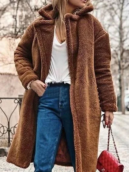 Lapel Long Sleeve Padded Lamb Hair Long Coat