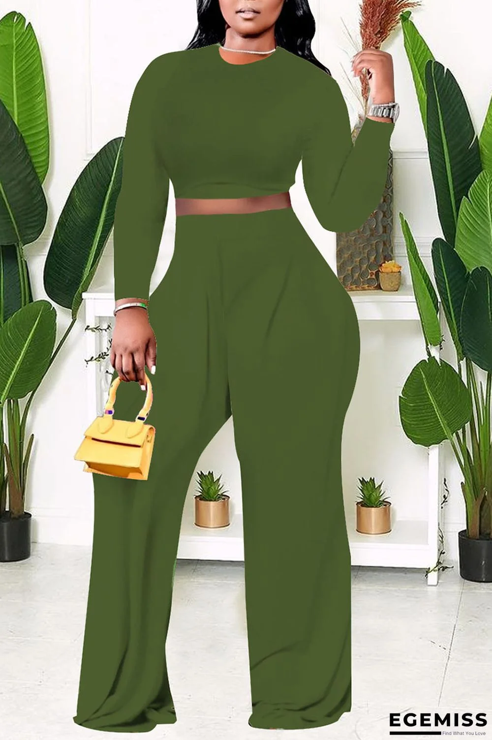 Green Casual Solid Patchwork O Neck Plus Size Two Pieces | EGEMISS