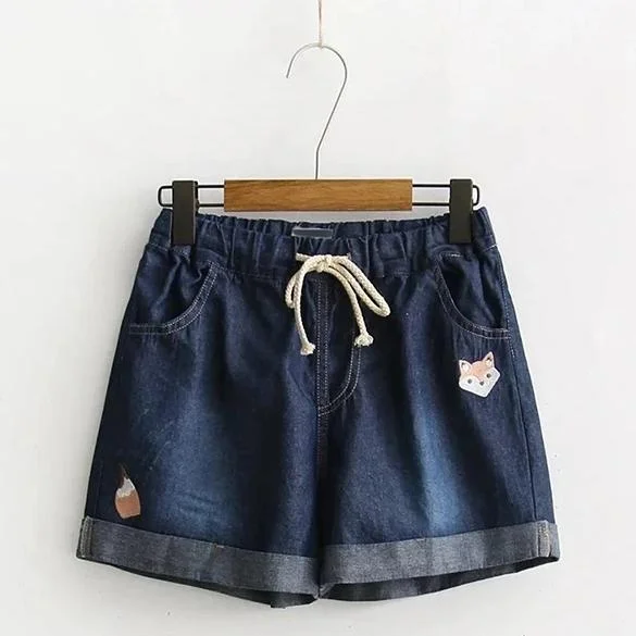 Denim Shorts Embroidered Fox Wide Leg Loose Lace