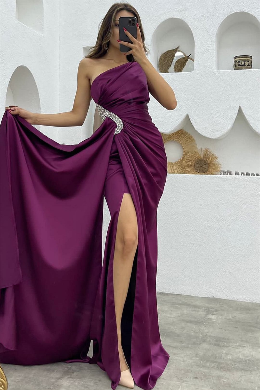 Split Dark Purple Sequins Mermaid One Shoulder Evening Dress With Long Ruffles | Ballbellas Ballbellas