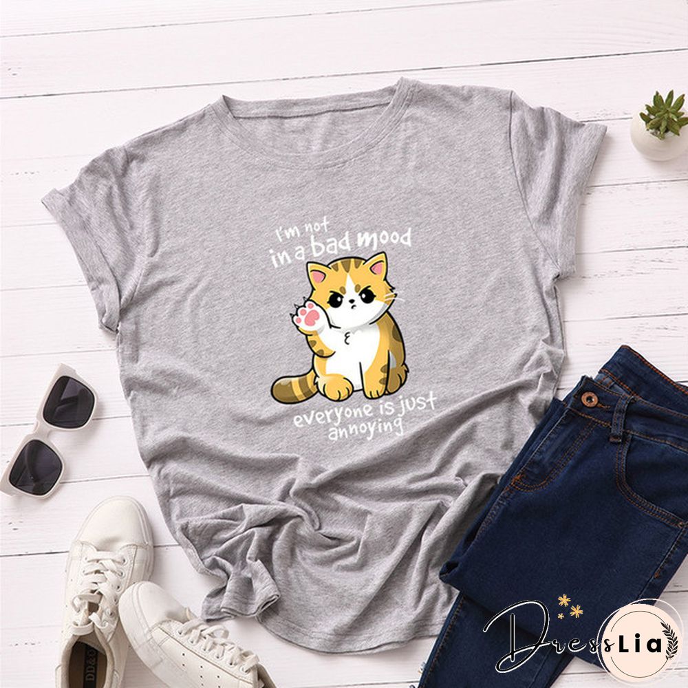 100% Cotton Summer Women TShirt Lovely Cat Letter Print Graphic T Shirt O Neck Short Sleeve Female Tee Shirts Casual Tops
