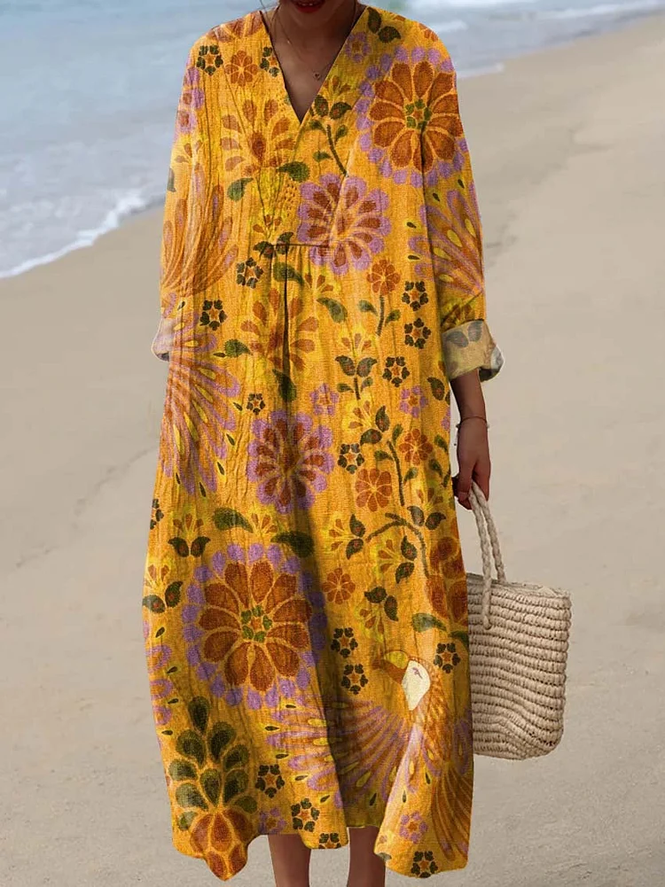 Women's Vintage Floral Art Print Cotton Dress
