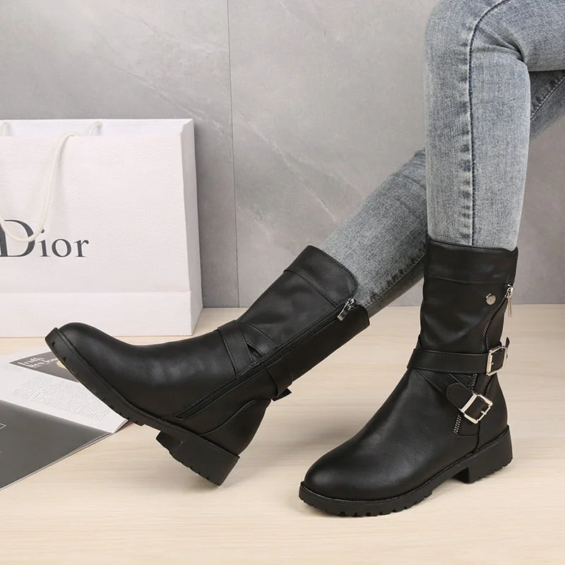 2021 Mid-Calf Boots Plus Size 43 Women Buckle Goth Boots Female Low Square Heel Zipper Leather Flat Shoes Red Black Grey Boots