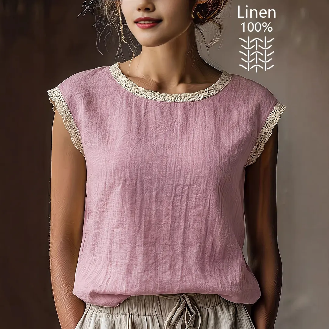 Solid Lace Trim Sleeveless Blouse