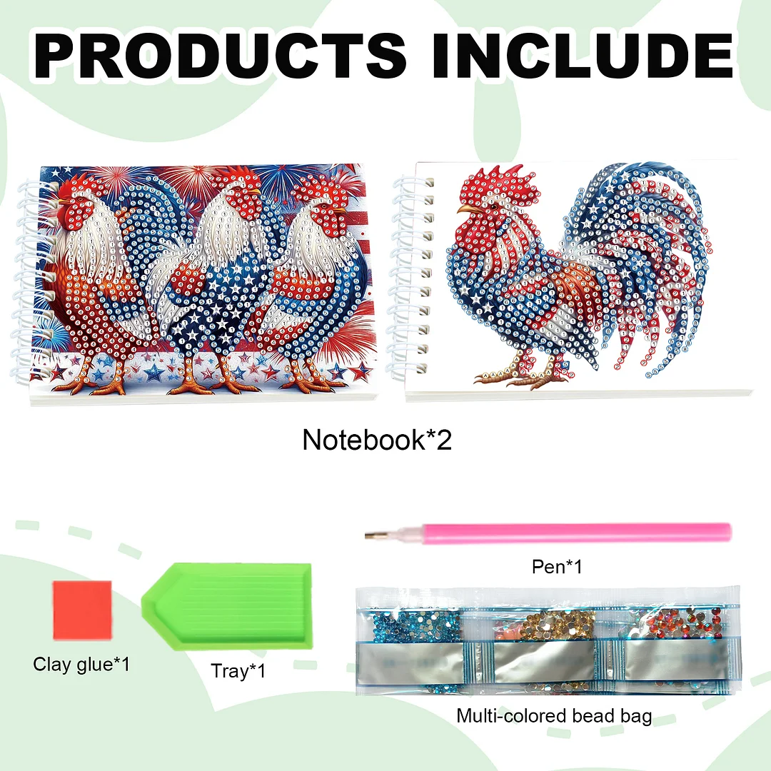 2 Pack USA Flag Rooster DIY Diamond Art Spiral Notebook Kit 80Pages No Lines