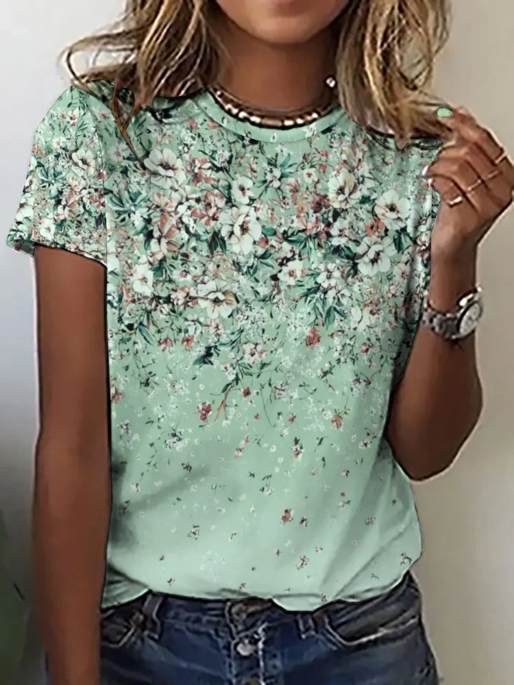 Printed Short Sleeve Casual T-shirt for  Women and Men Unisex Pattern Floral, Green, White