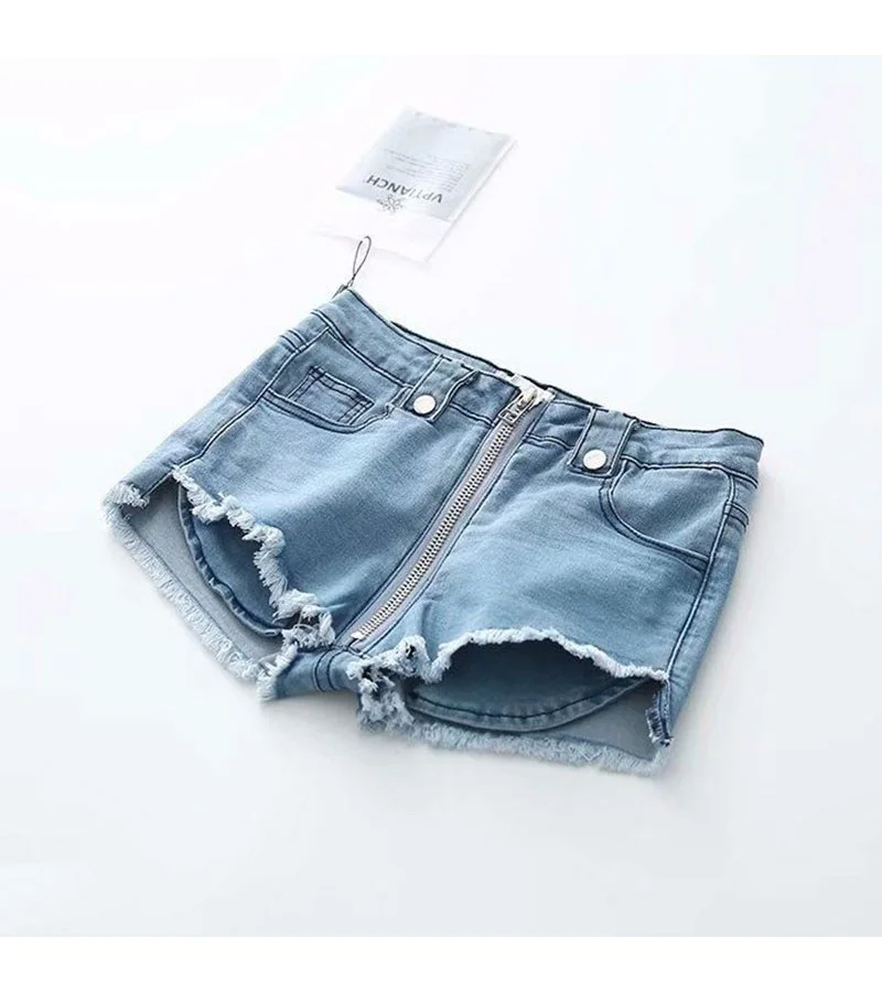 Edgy Style Women Solid Color Zipper Design Raw Hem Denim Shorts