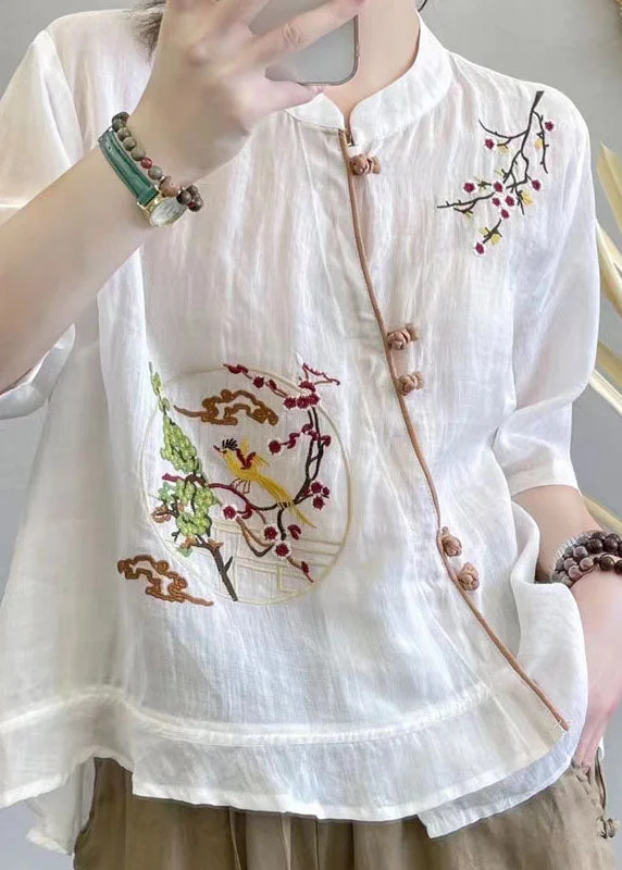 White Patchwork Linen Tops Embroideried Stand Collar Summer