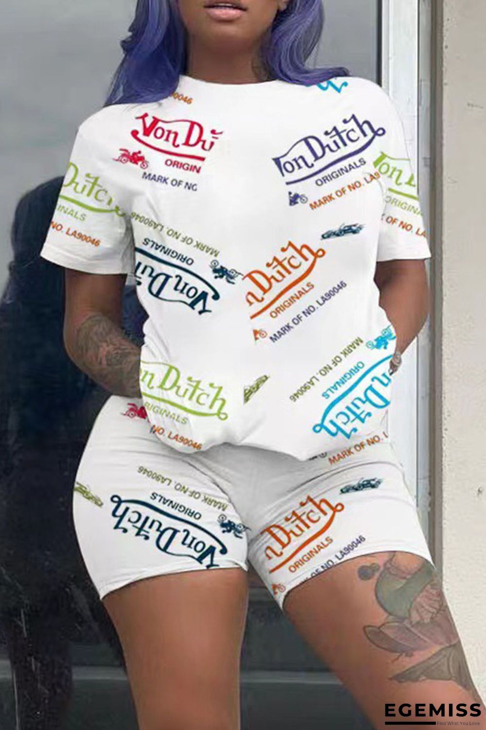 White Fashion Casual Print Basic O Neck Short Sleeve Two Pieces | EGEMISS