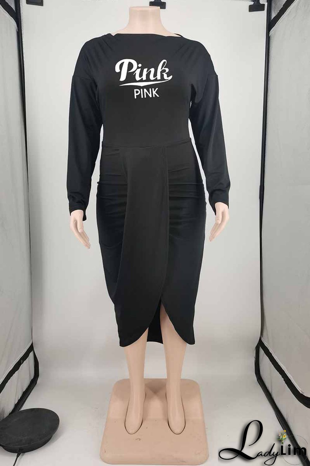 Fuchsia Fashion Sexy Letter Print Patchwork O Neck Long Sleeve Plus Size Dresses