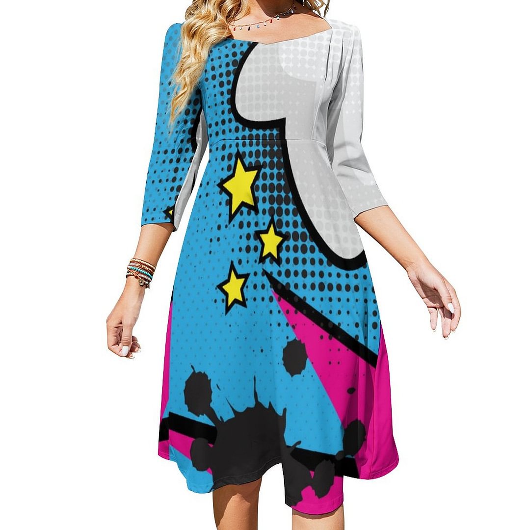 Blue Pink Colorful Pop Comic With Green Stars Dress Sweetheart Tie Back Flared 3/4 Sleeve Midi Dresses