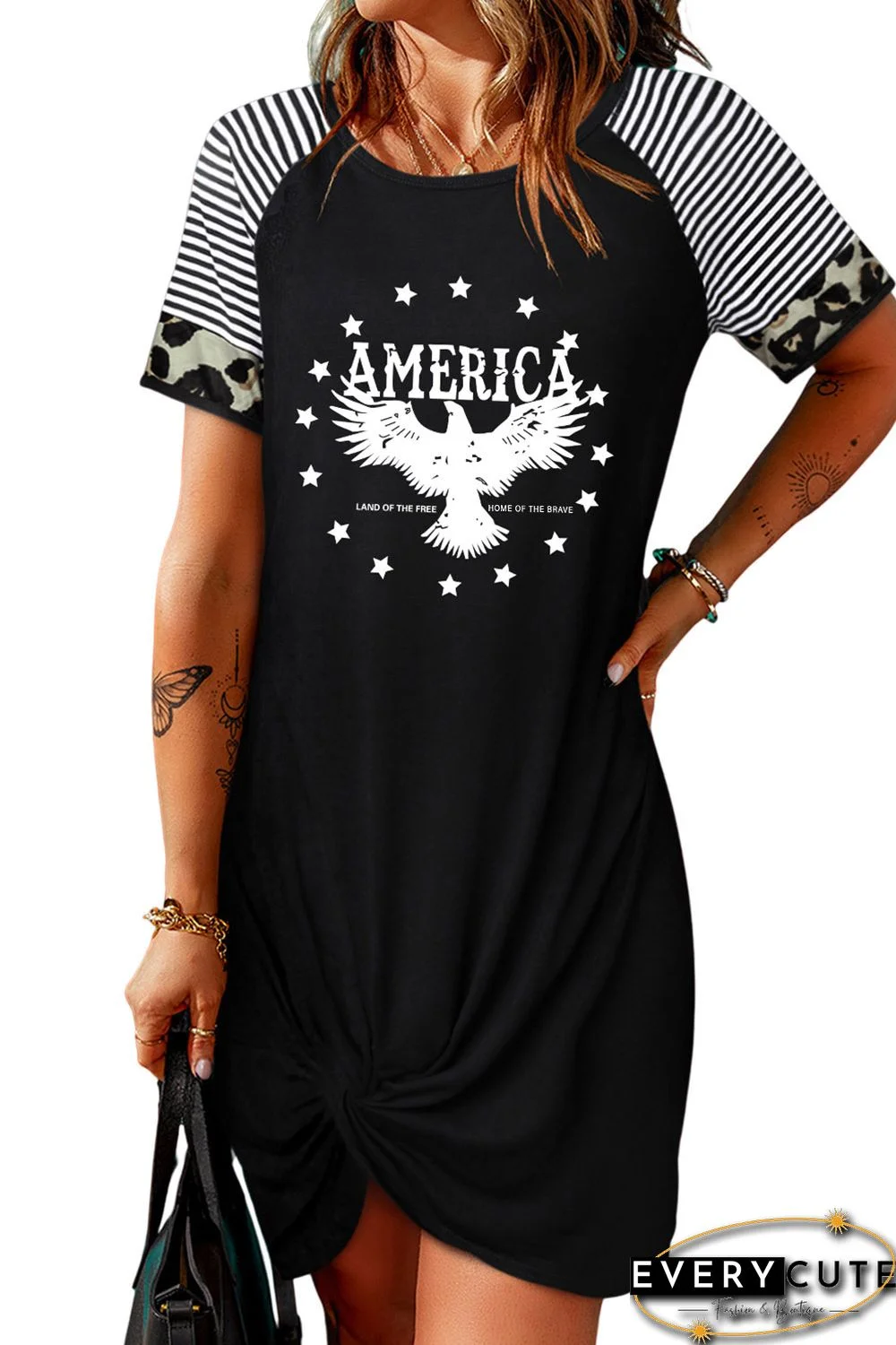 Black AMERICA Eagle Graphic Leopard Striped Sleeve Dress