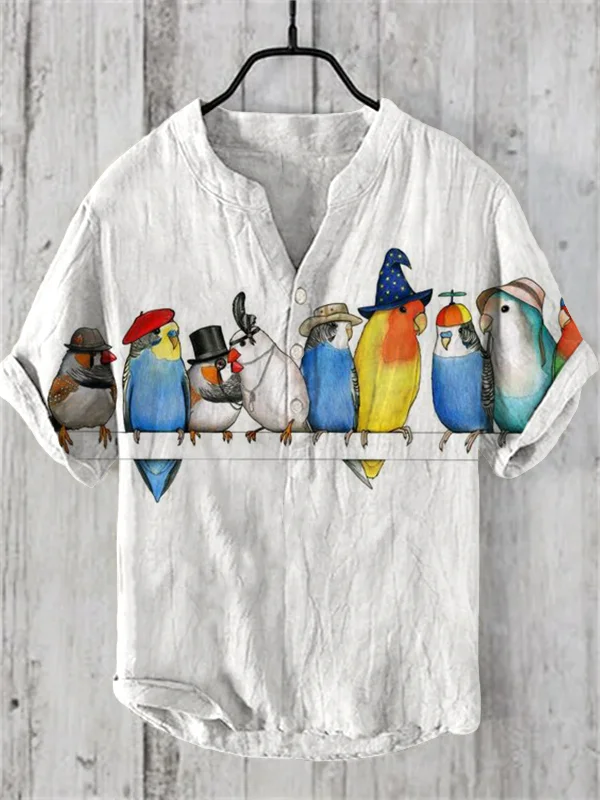 Men's Various Birds Wearing Hats Watercolor Art Print Half Button Linen Blend Shirt