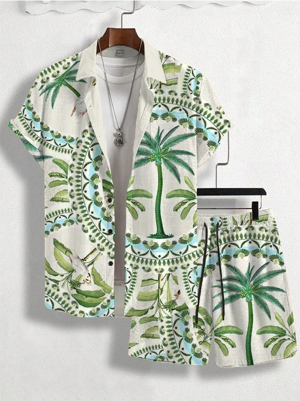 Men's Island Scenery Palm Tree Pattern Short Sleeve Shirt Set