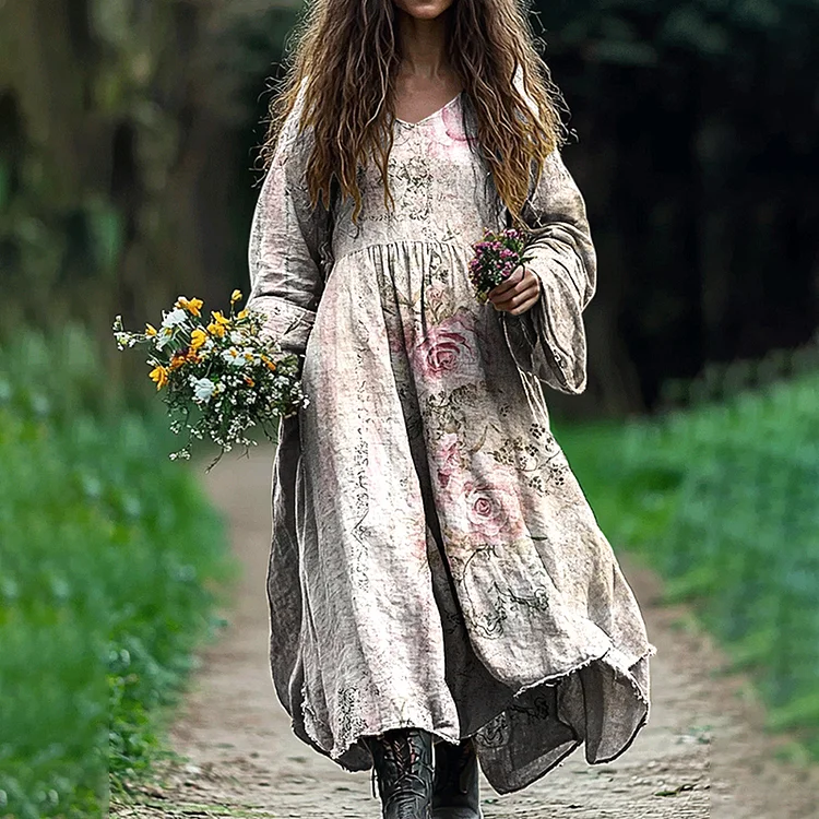Women's Vintage Floral Art Cotton And Linen Dress