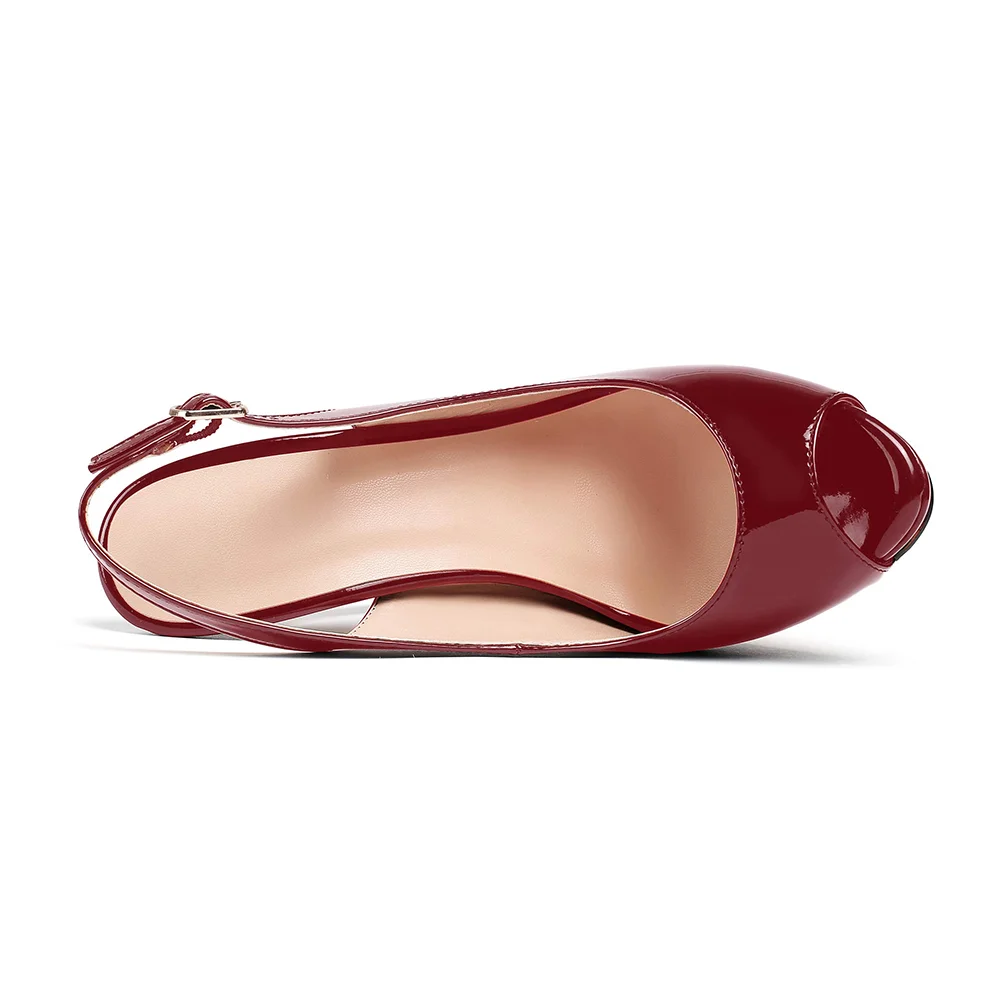 120mm Red Bottom Strap Slingback Sandals Peep Toe Platform Stilettos Wine Patent Heels-MERUMOTE