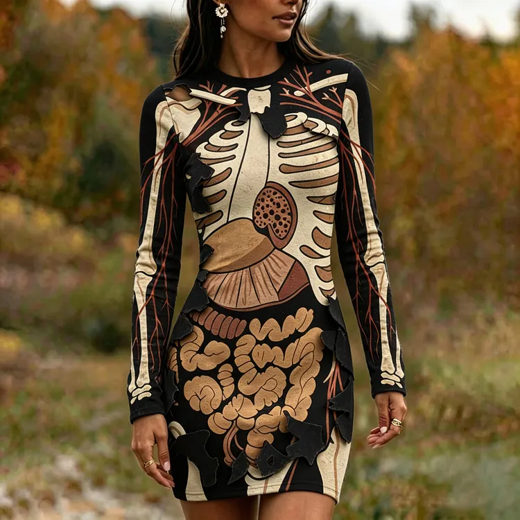 Women's Gothic Skeleton With Halloween Anatomy Art Print Bodycon Mini Dress