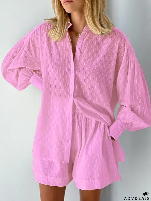 Sets Jacquard Long Sleeve Shirt & Shorts Two Piece Set for Women
