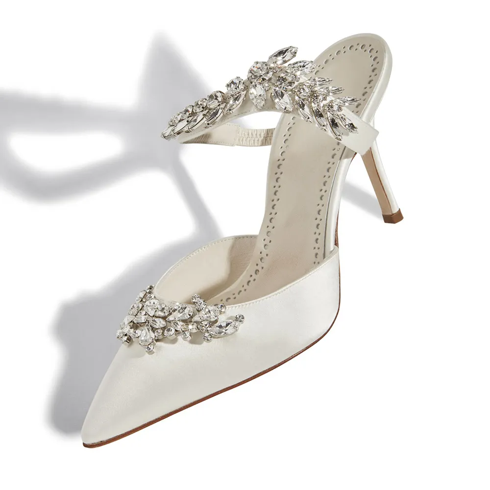 White Satin Pointed Toe Stiletto Heel Rhinestones Mules for Women