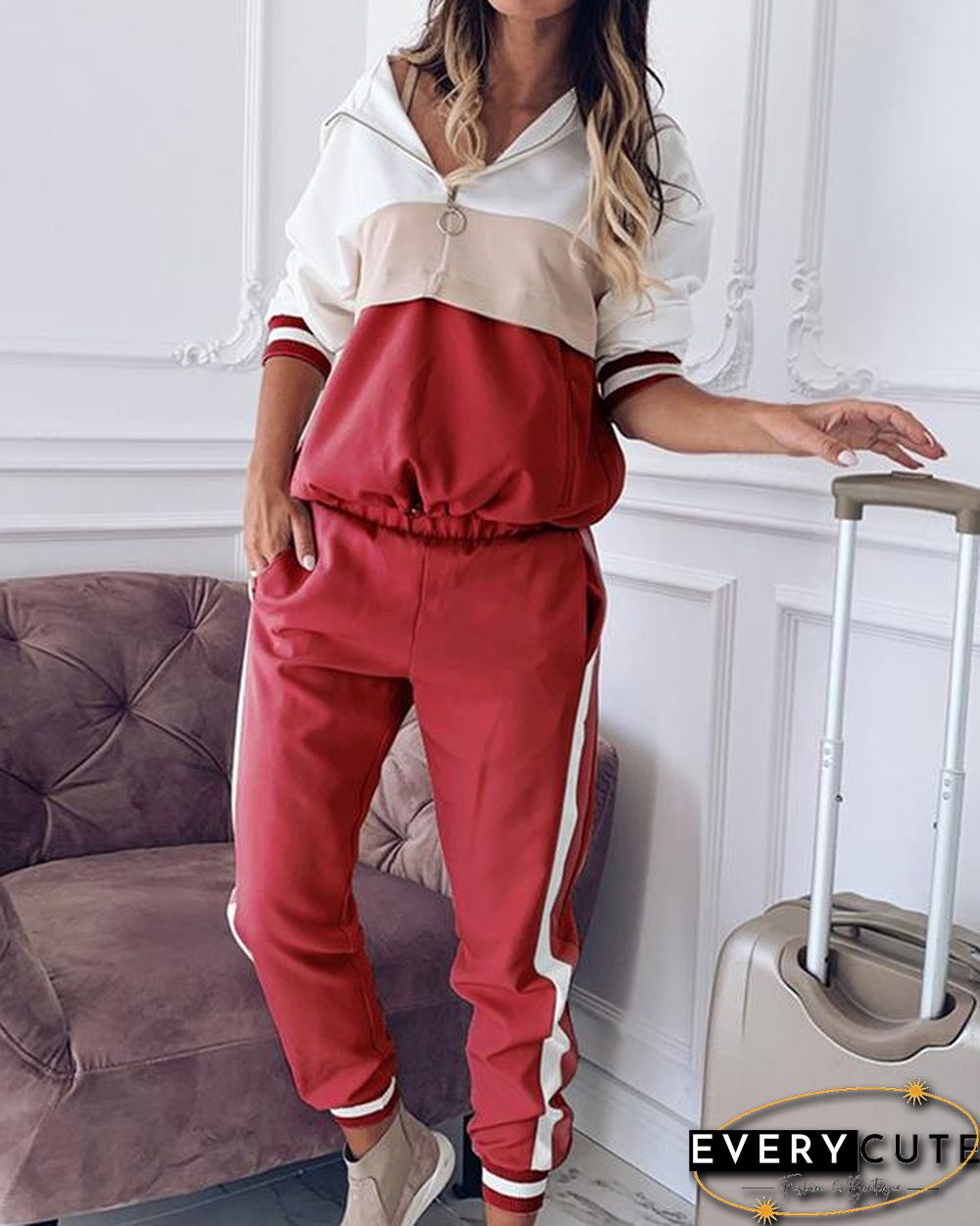 Casual Color Block Zipper Hoodie Sweatshirt&Pants Set