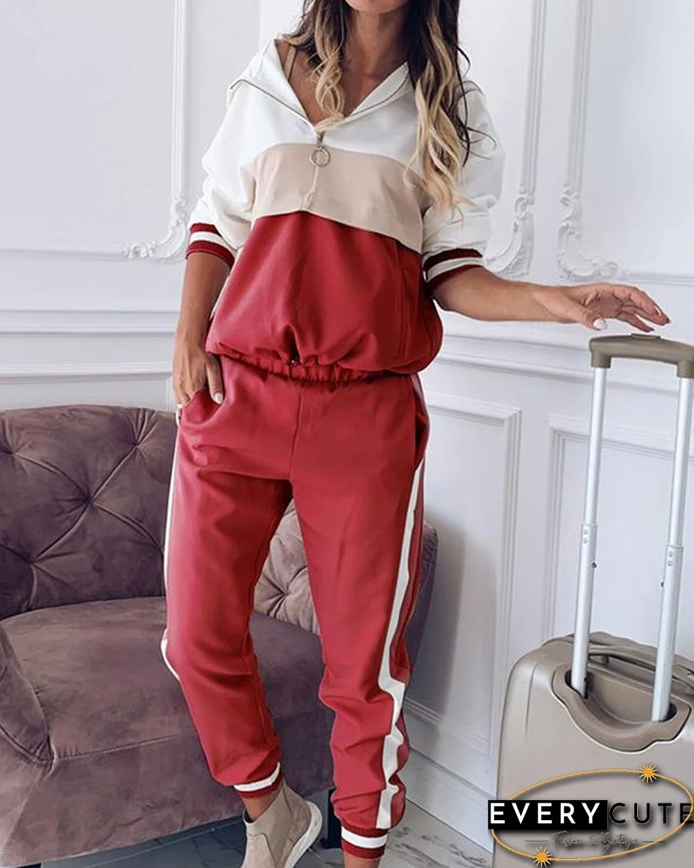 Casual Color Block Zipper Hoodie Sweatshirt&Pants Set