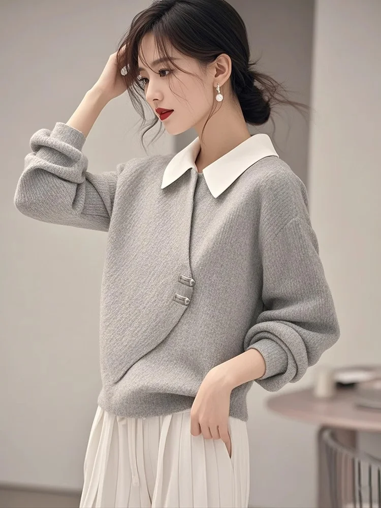 Athvotar Athvotar Gray Fake Two Knitted Sweater Women's Autumn And Winter Korean Atmosphere Relaxed Leisure Polo Collar Top