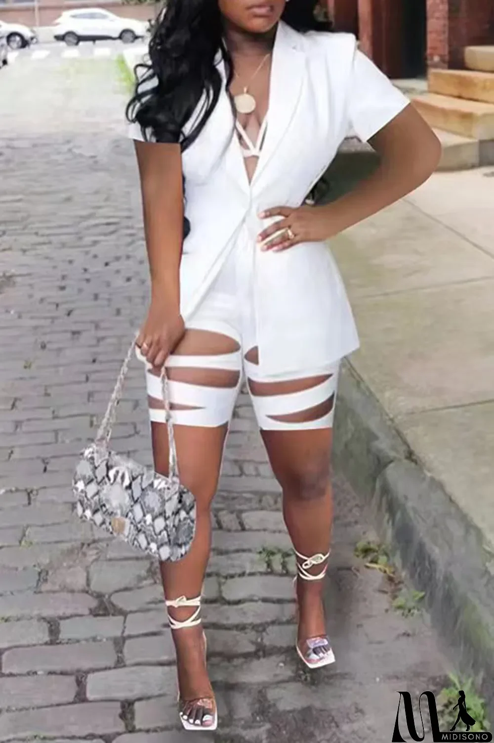 MidiSono - Red Street Print Hollowed Out Patchwork Buttons Turn-back Collar Short Sleeve Two Pieces