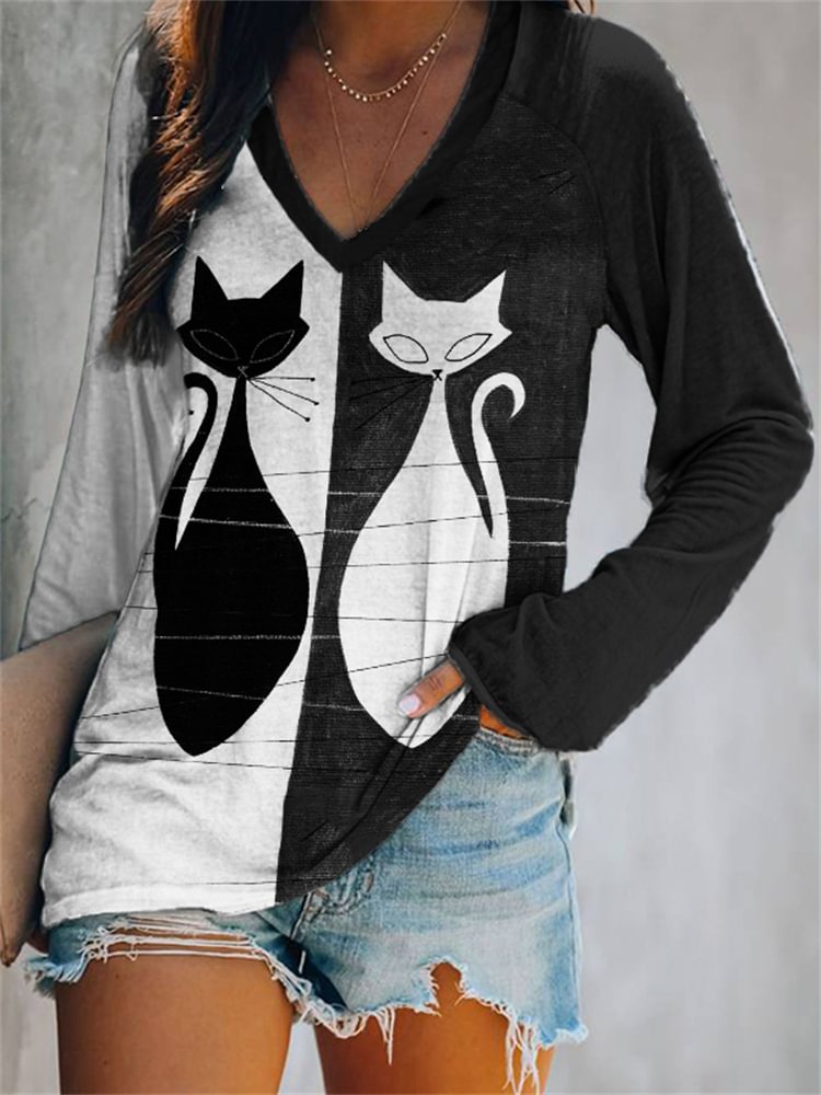 Comstylish Black & White Cats Contrast Color T Shirt