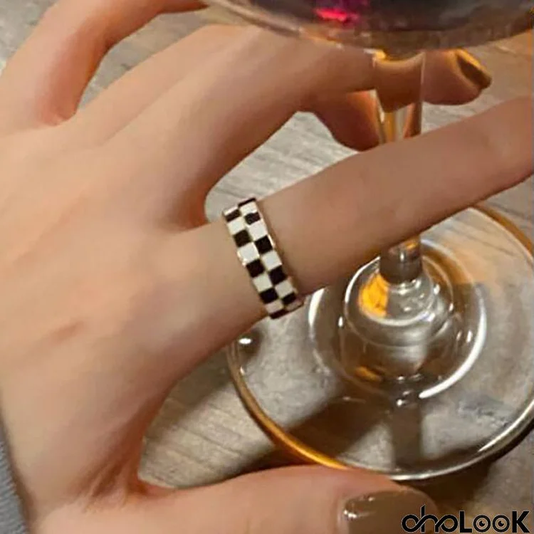 Women Fashion Drip Glaze Check Open Metal Rings