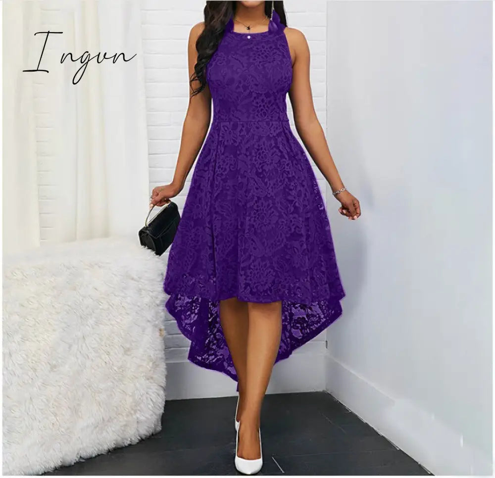 Ingvn - Women Sexy Lace Sleeveless Elegant Summer Irregular Swing Long Dresses Purple / S