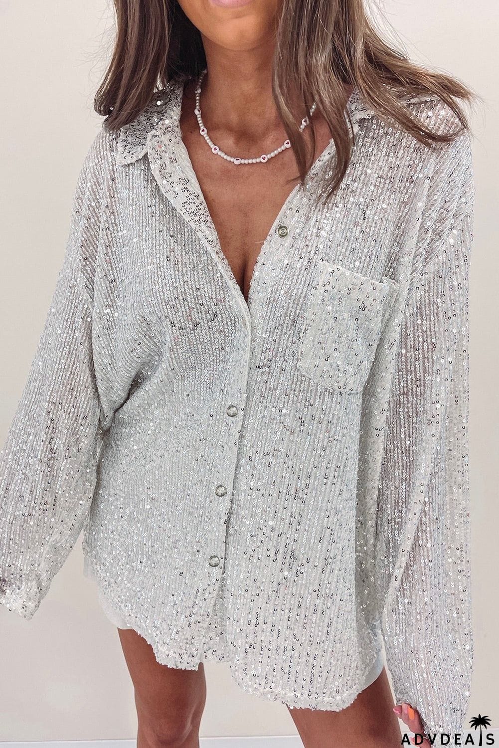 Silver Sequin Pocketed Loose Shirt