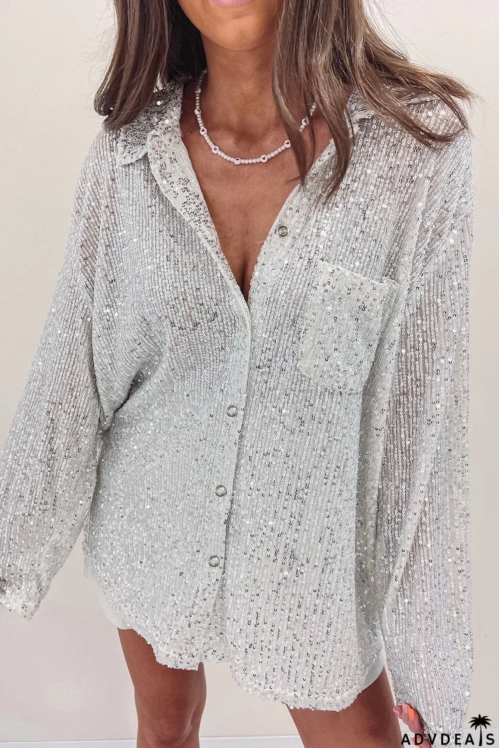 Silver Sequin Pocketed Loose Shirt