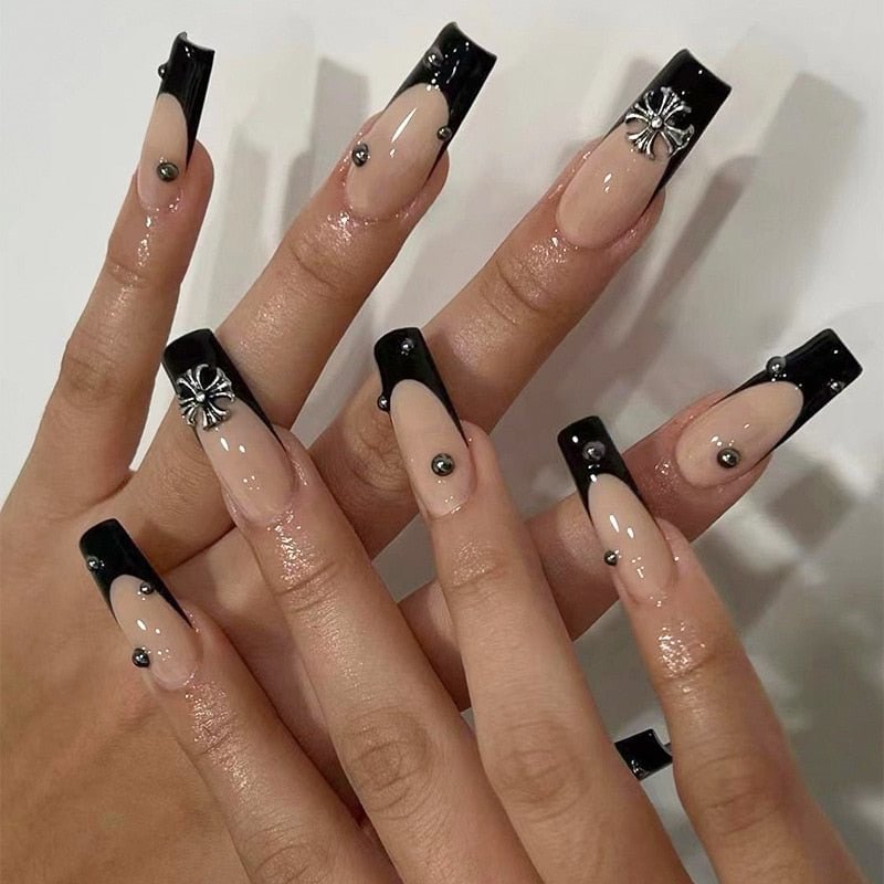 24Pcs Black French Ballet Coffin False Nails With Cross Crow Heart Design Removable Full Finished Acrylic Nail Tip Press on Nail