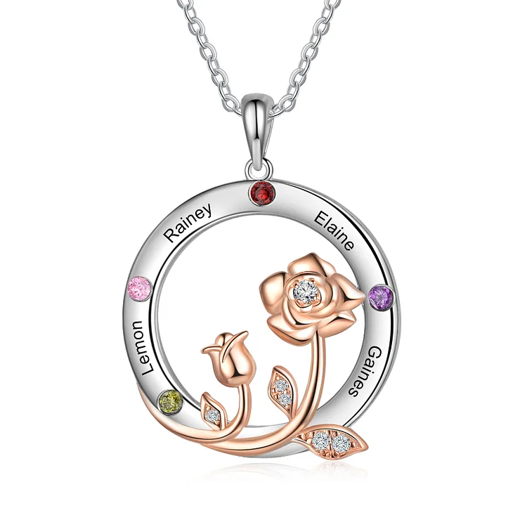 Rose Necklace Personalized 4 Birthstones Circle Necklace for Women