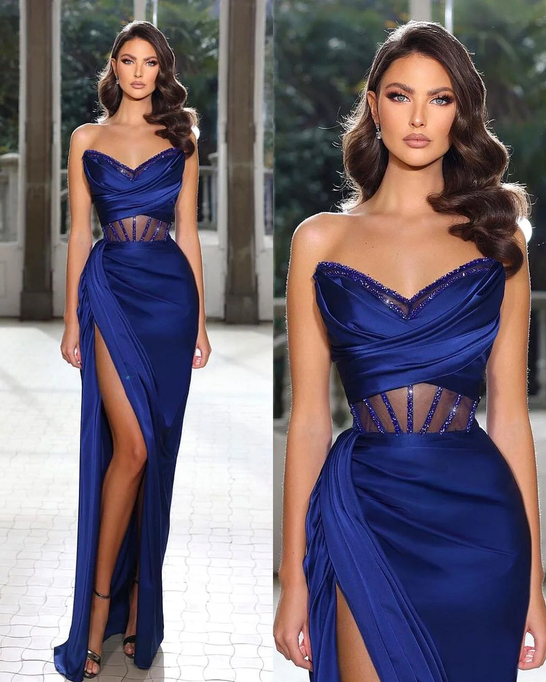 Royal Blue Sleeveless Strapless  V-Neck Beads Mermaid Prom Dress ZT0174