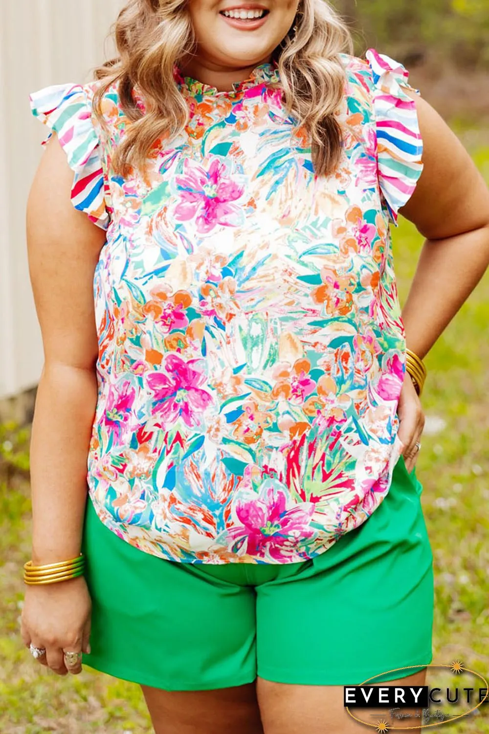 Multicolor Plus Sizie Striped Ruffle Sleeve Floral Blouse