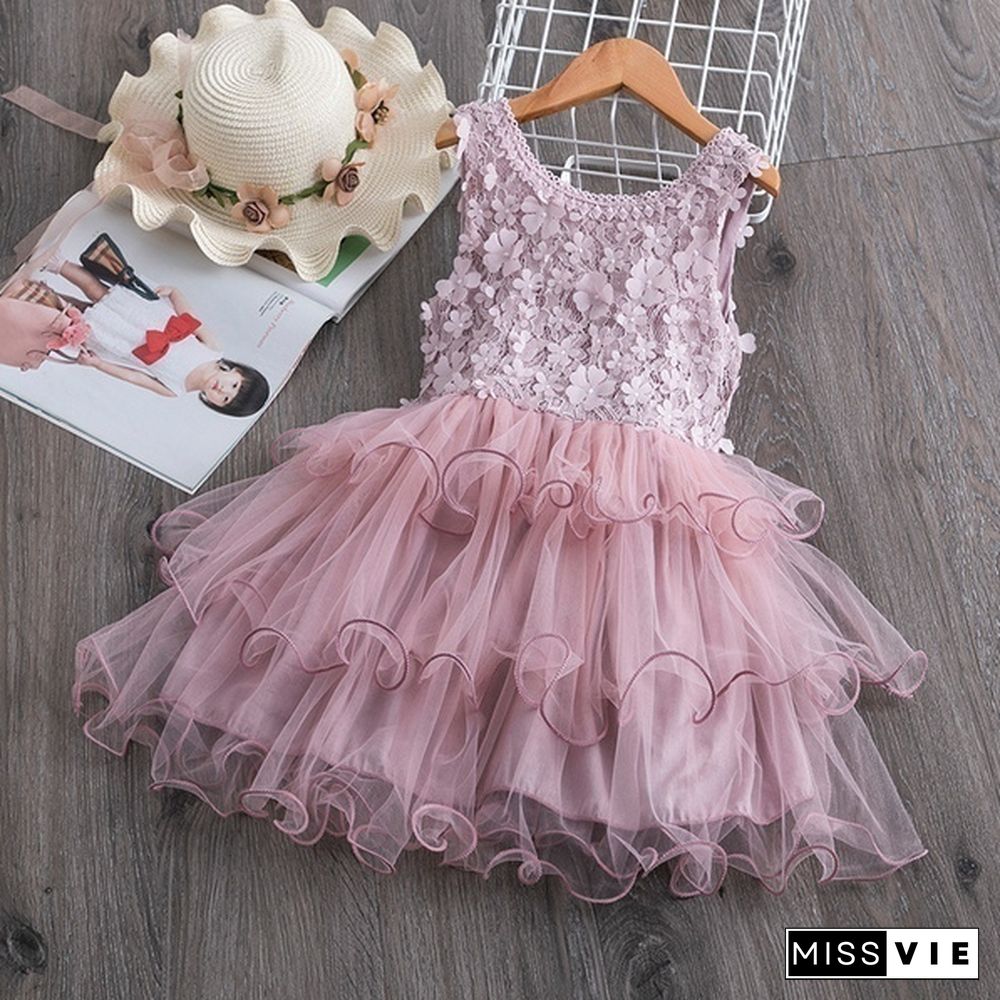 Girl's Fashion Backless Dress Appliques Flower Clothes Layered Mesh Princess Dress for Summer Beach Casual Wear 2 Styles