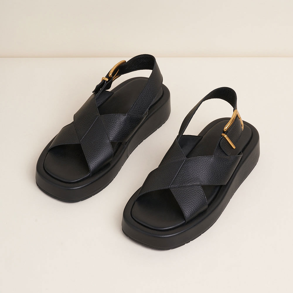 Black Square Toe Wedge Heel Platform Summer Sandals for Women Nicepairs