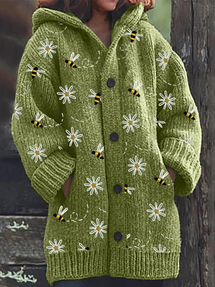 VChics Flying Bees Floral Embroidery Pattern Cozy Hooded Cardigan