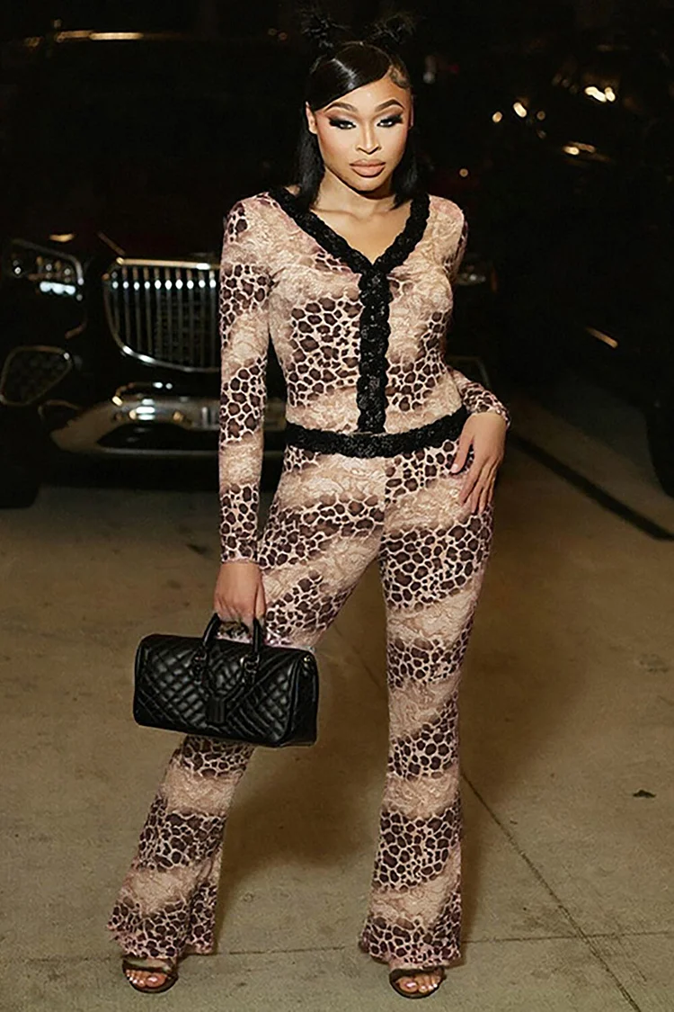 Lace Trim Leopard Print Long Sleeve Top Flared Pants Matching Set-Brown