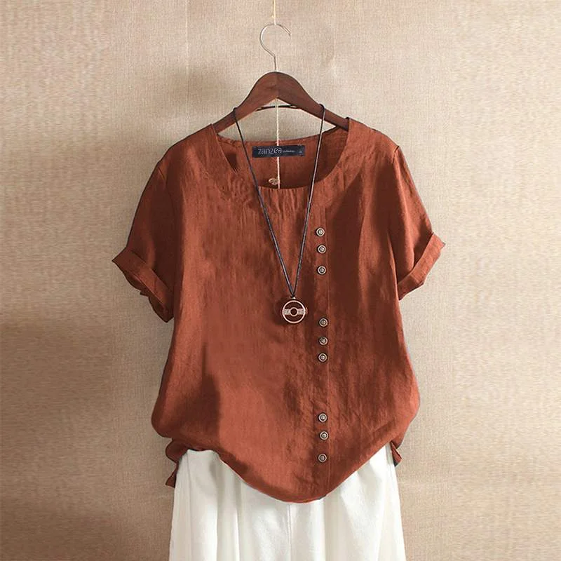 ZANZEA Summer O Neck Short Sleeve Blouse Women Cotton Linen Shirt Casual Loose Buttons Tops Femininas Blusas Work Top Chemise