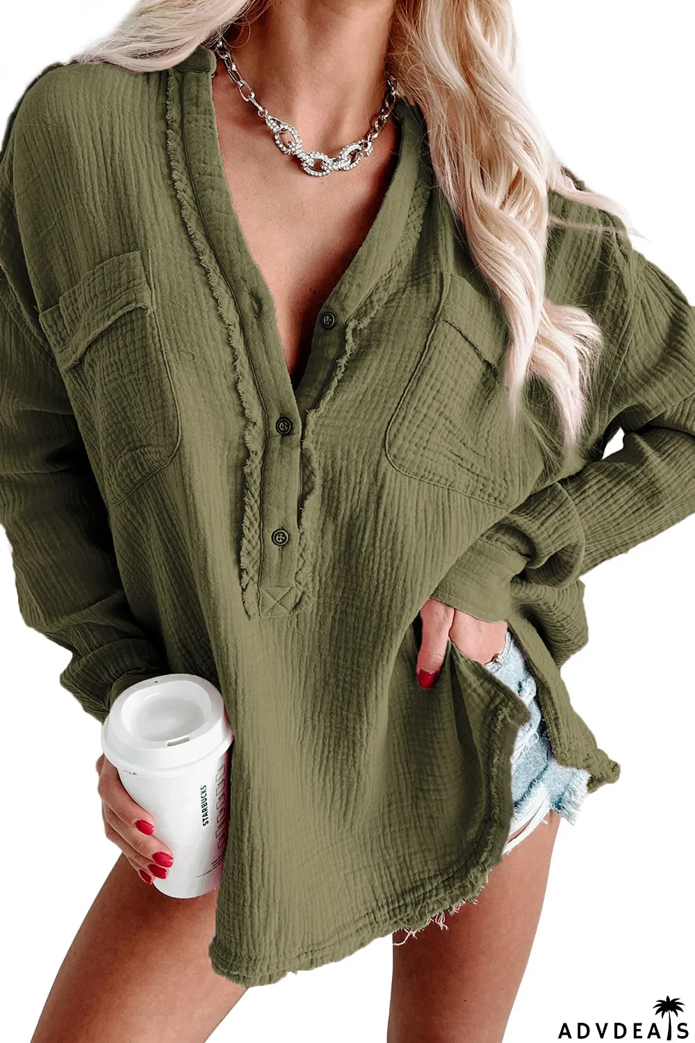 Crinkle Long Sleeve Distressed Split Henley Top