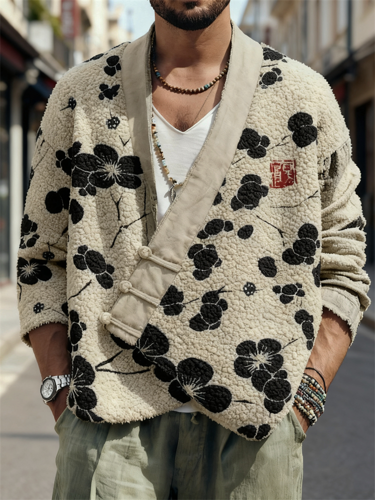 Comstylish Men‘s Japanese Plum Blossom Art Cozy Fleece Kimono Cardigan